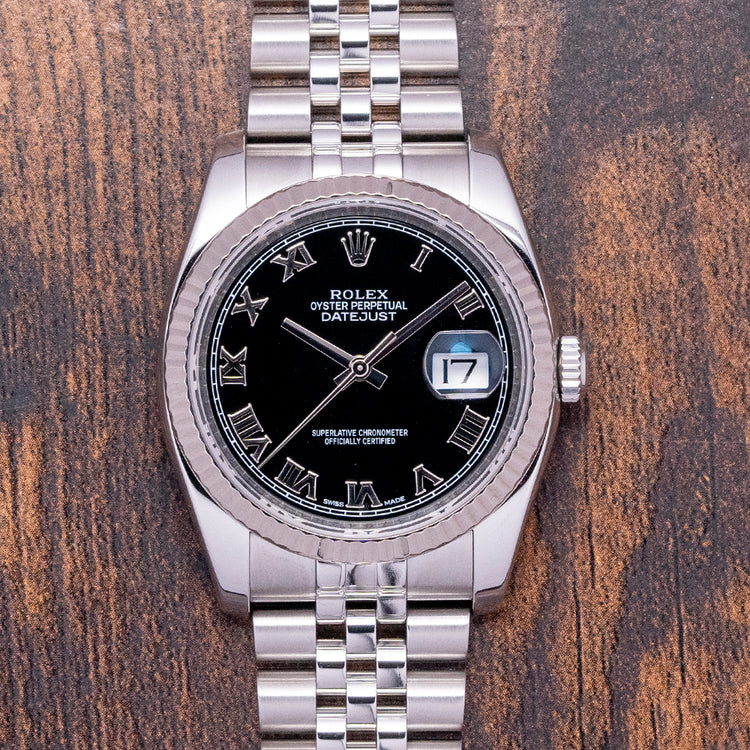 2010s Rolex Datejust 36mm Black Roman Dial Fluted 116234