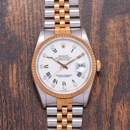 1991 Rolex Datejust 36mm White Roman 'Buckley' Diamond Dial 16233
