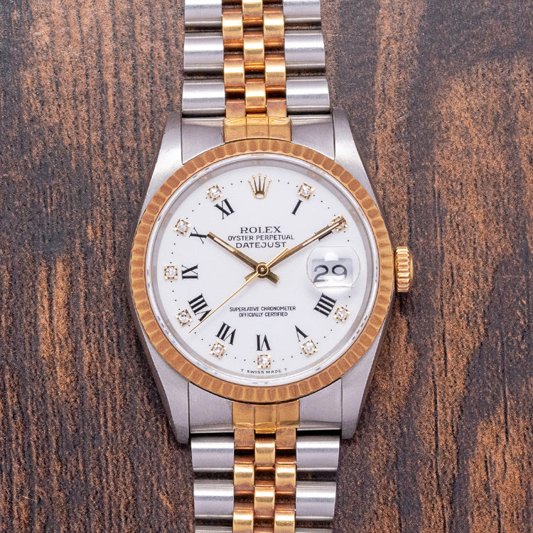 1991 Rolex Datejust 36mm White Roman 'Buckley' Diamond Dial 16233