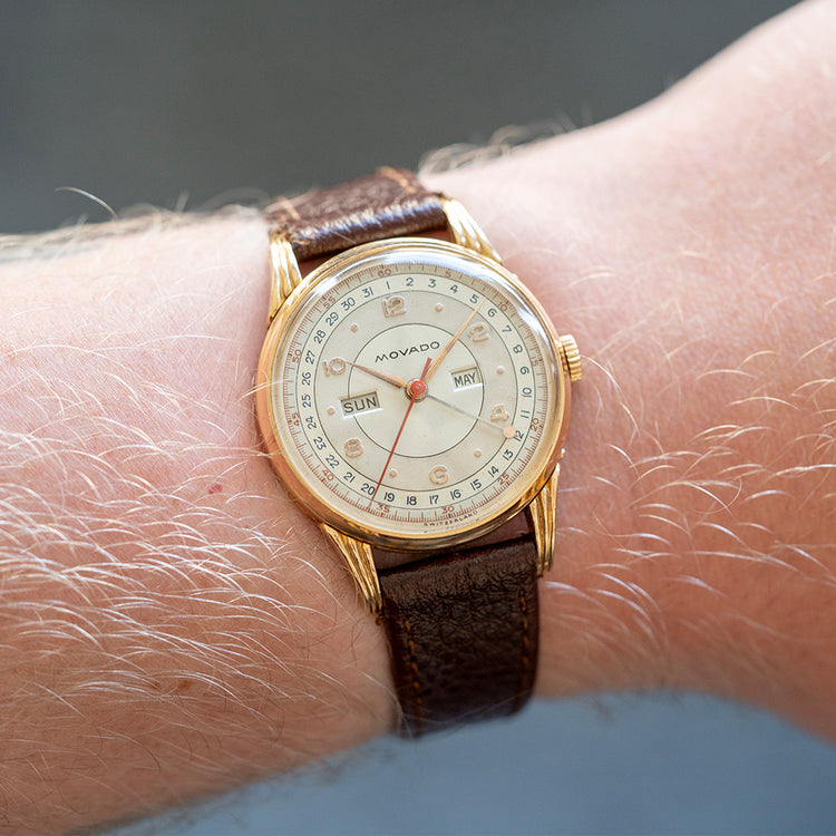 1950s Movado 18ct Pink Gold Triple Calendar Fancy Lugs 34mm - vault