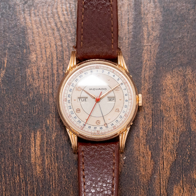 1950s Movado 18ct Pink Gold Triple Calendar Fancy Lugs 34mm