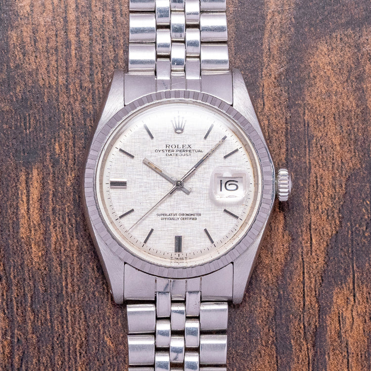 1978 Rolex Datejust 36mm Linen Dial Engine-Turned Bezel 1603