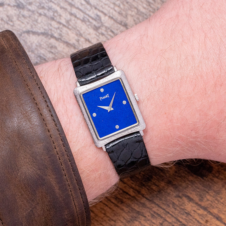 1980s Piaget 18ct White Bark Case Lapis & Diamond Dial