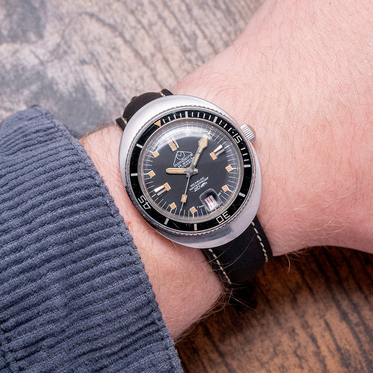 1970s Mondaine Oval Skin Diver Automatic Bakelite Bezel 38mm
