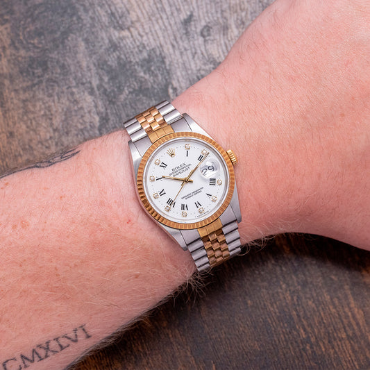 1991 Rolex Datejust 36mm White Roman 'Buckley' Diamond Dial 16233