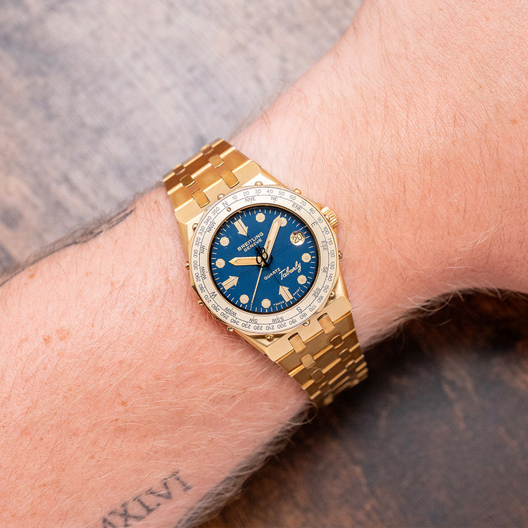 1980s Breitling Tabarly Blue Dial Full Gold Plated on Bracelet 35mm