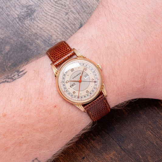 1950s Movado 18ct Pink Gold Triple Calendar Fancy Lugs 34mm