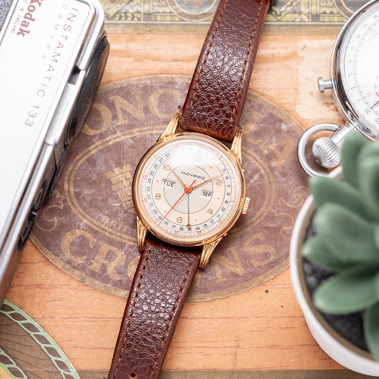 1950s Movado 18ct Pink Gold Triple Calendar Fancy Lugs 34mm