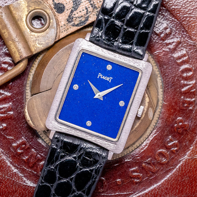 1980s Piaget 18ct White Bark Case Lapis & Diamond Dial