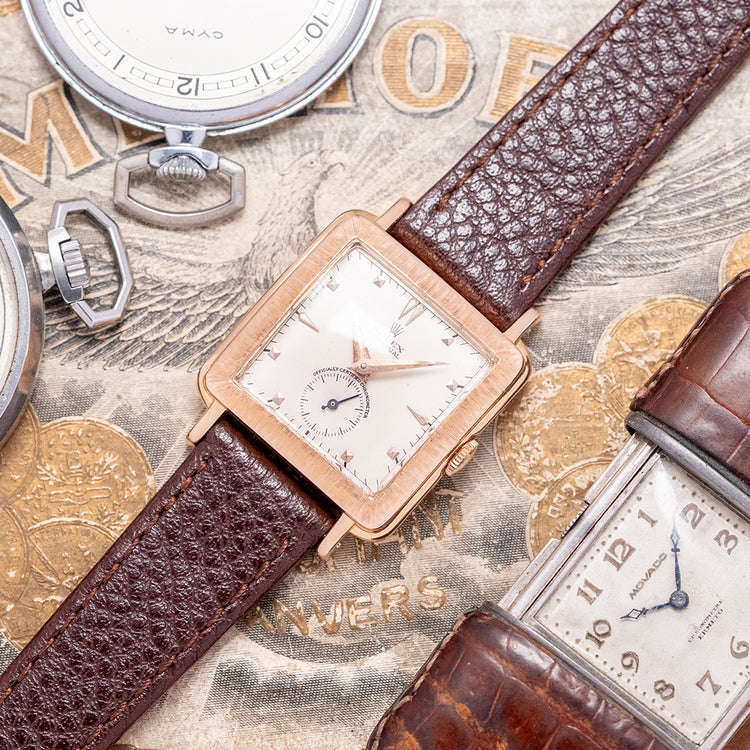 1940s Rolex Perpetual Square 'Bark' Finish 18ct Pink Gold 4643