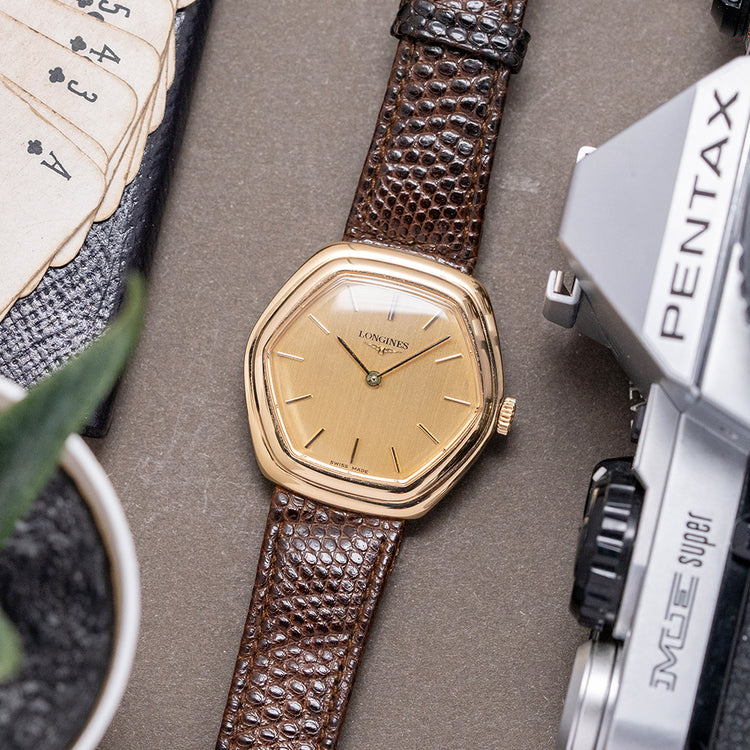 1976 Longines Gold Plated Stepped Hexagon 5047-2 34mm