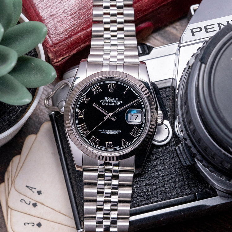 2010s Rolex Datejust 36mm Black Roman Dial Fluted 116234