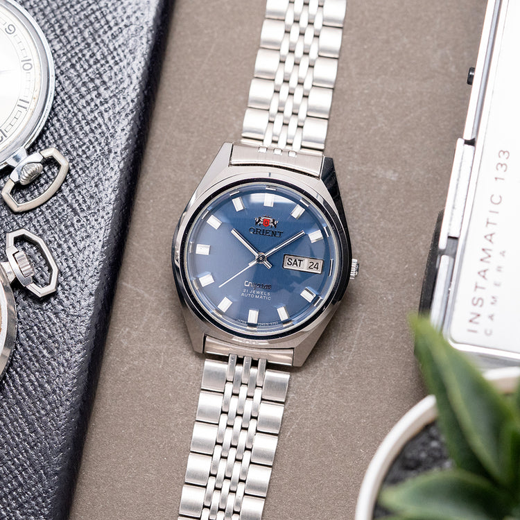 1960s Orient Crystal Automatic Day Date Blue Dial with Bracelet 36mm