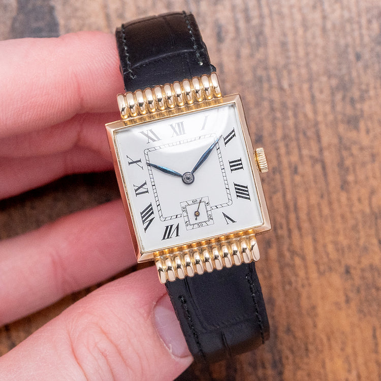 1940s Enamel 14ct Gold Hooded Lugs Anonymous Watch 25x35mm