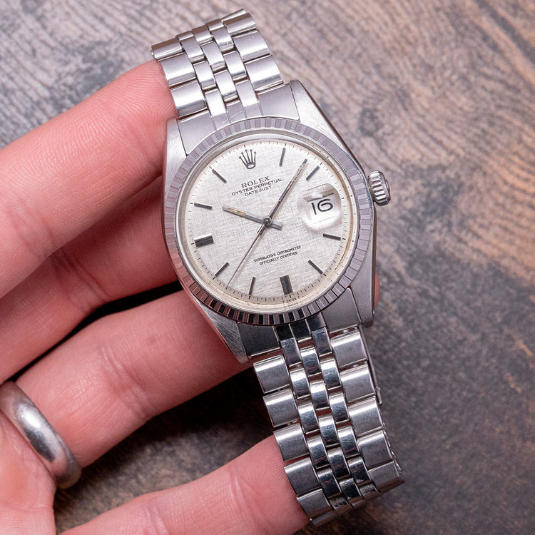 1978 Rolex Datejust 36mm Linen Dial Engine-Turned Bezel 1603