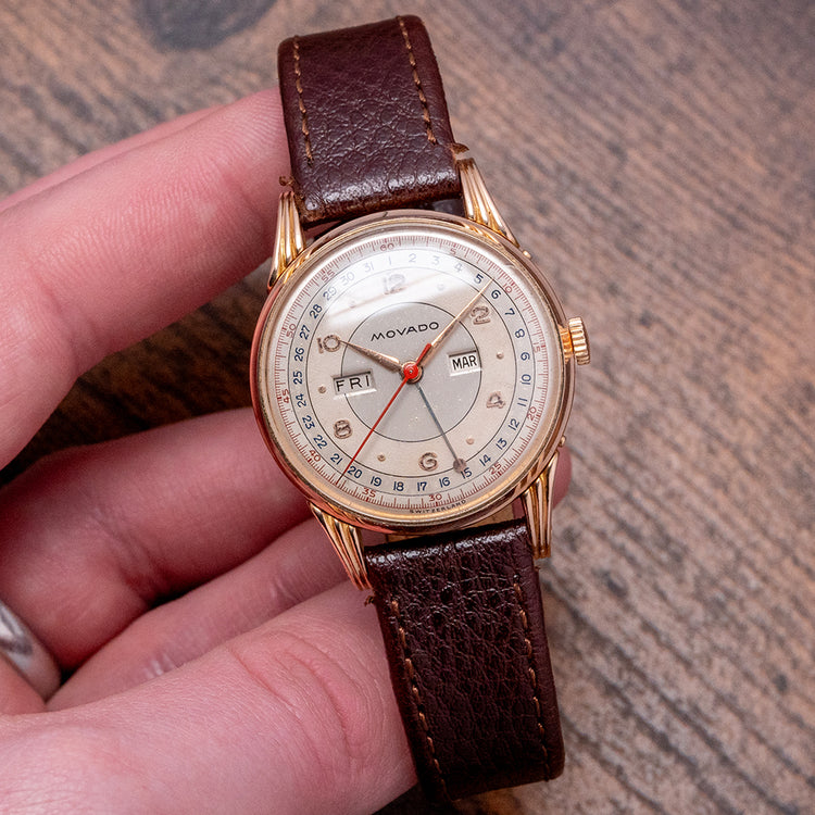 1950s Movado 18ct Pink Gold Triple Calendar Fancy Lugs