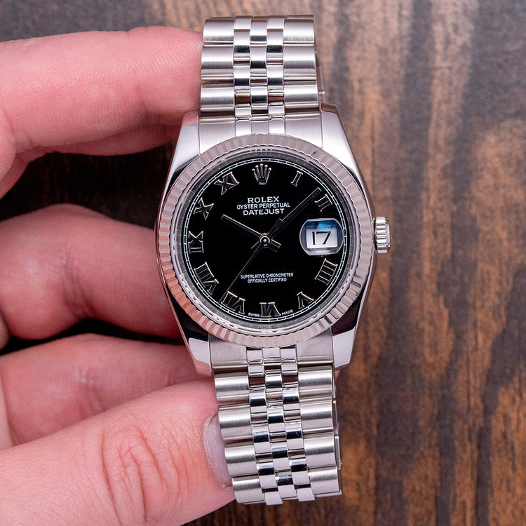 2010s Rolex Datejust 36mm Black Roman Dial Fluted 116234
