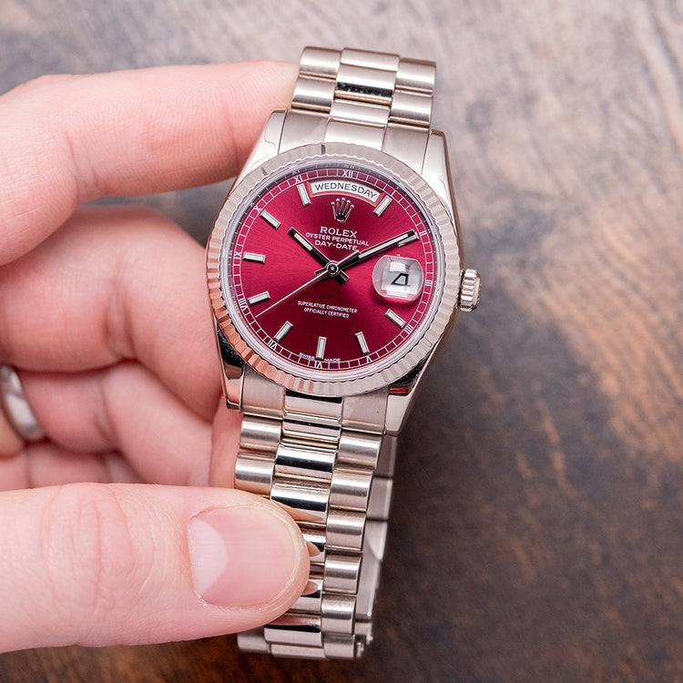 2003 Rolex Day-Date 36mm White Gold 118239 Cherry Red Dial