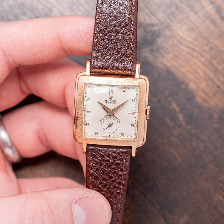 1940s Rolex Perpetual Square 'Bark' Finish 18ct Pink Gold 4643