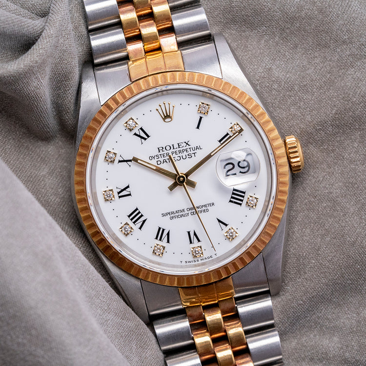 1991 Rolex Datejust 36mm White Roman 'Buckley' Diamond Dial 16233