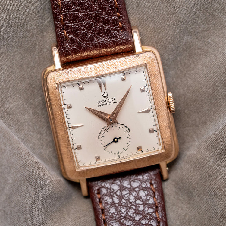 1940s Rolex Perpetual Square 'Bark' Finish 18ct Pink Gold 4643