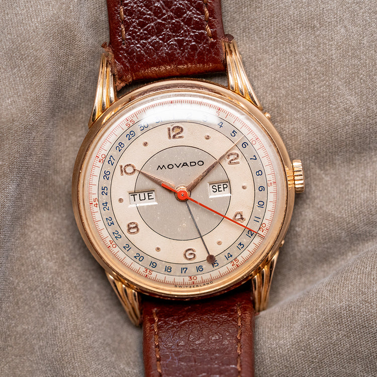 1950s Movado 18ct Pink Gold Triple Calendar Fancy Lugs 34mm