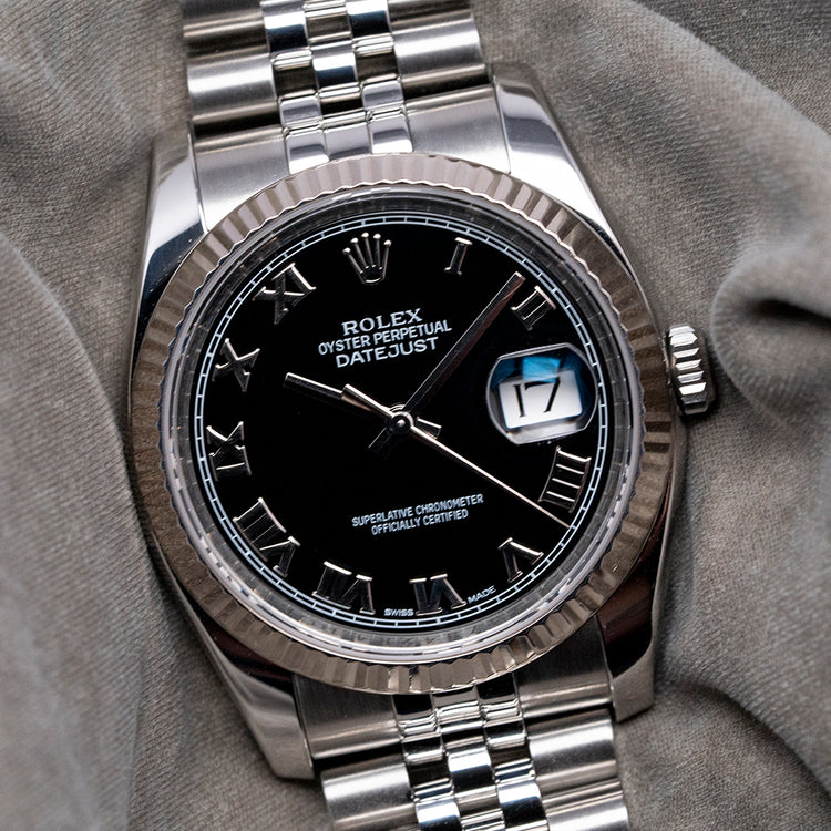 2010s Rolex Datejust 36mm Black Roman Dial Fluted 116234