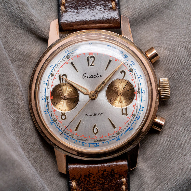 1950s Exacta Chronograph Landeron 51 37mm Gold Plated