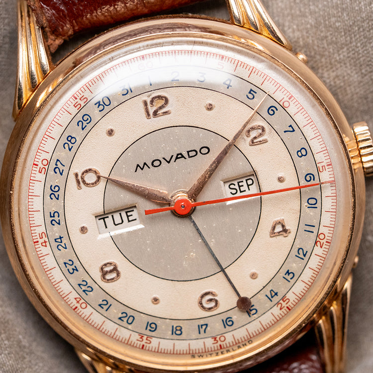 1950s Movado 18ct Pink Gold Triple Calendar Fancy Lugs 34mm