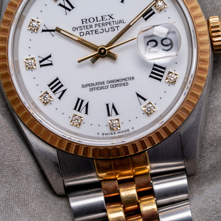 1991 Rolex Datejust 36mm White Roman 'Buckley' Diamond Dial 16233