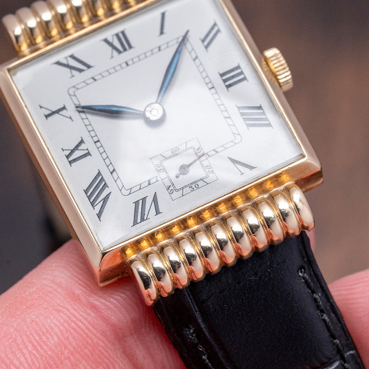 1940s Enamel 14ct Gold Hooded Lugs Anonymous Watch 25x35mm
