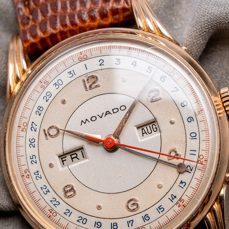 1950s Movado 18ct Pink Gold Triple Calendar Fancy Lugs 34mm