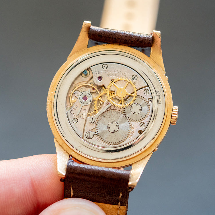 1950s Movado 18ct Pink Gold Triple Calendar Fancy Lugs 34mm - vault