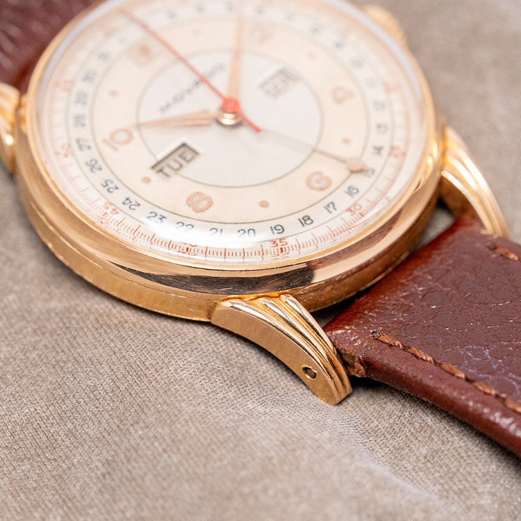 1950s Movado 18ct Pink Gold Triple Calendar Fancy Lugs 34mm
