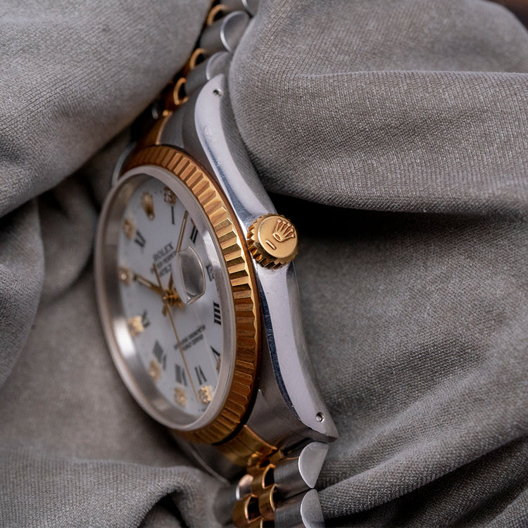 1991 Rolex Datejust 36mm White Roman 'Buckley' Diamond Dial 16233