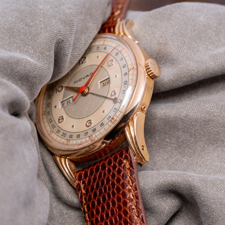 1950s Movado 18ct Pink Gold Triple Calendar Fancy Lugs 34mm