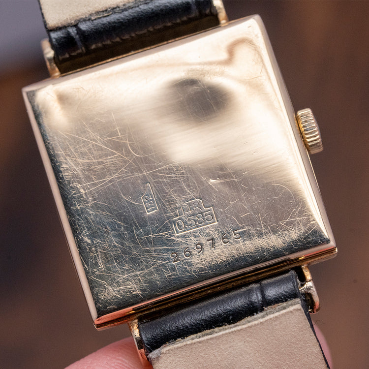 1940s Enamel 14ct Gold Hooded Lugs Anonymous Watch 25x35mm