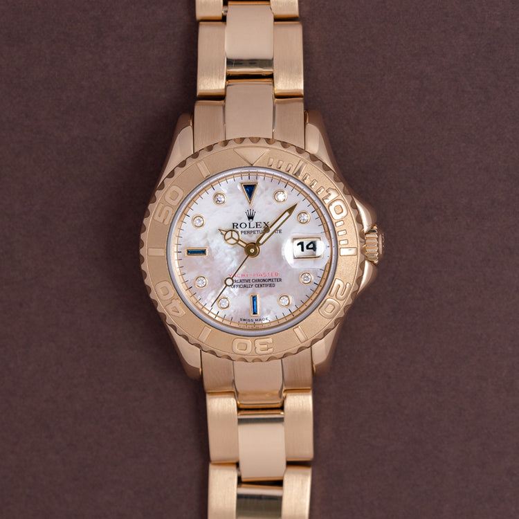 1996 Rolex Ladies Yacht-Master 18ct Gold Mother of Pearl Diamond Dial 69628