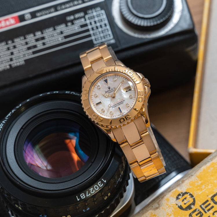 1996 Rolex Ladies Yacht-Master 18ct Gold Mother of Pearl Diamond Dial 69628