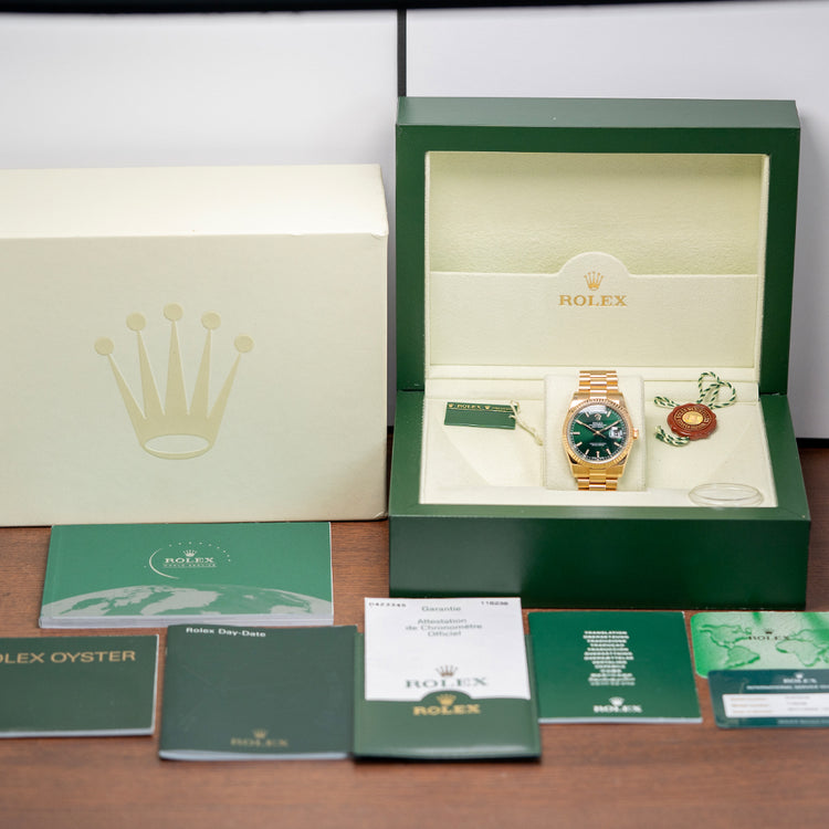 2006 Rolex Day-Date 36mm Yellow Gold 118238 Green Dial