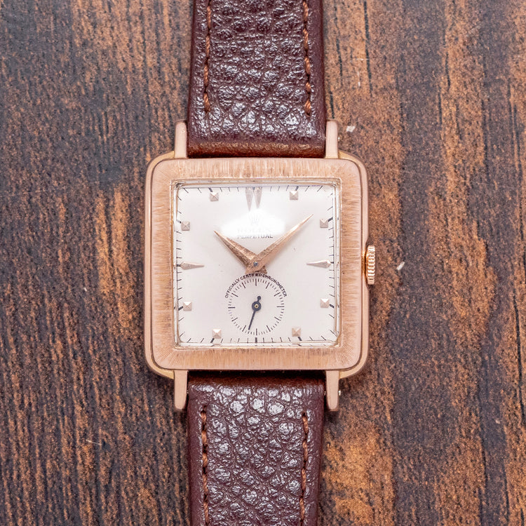 1940s Rolex Perpetual Square 'Bark' Finish 18ct Pink Gold 4643