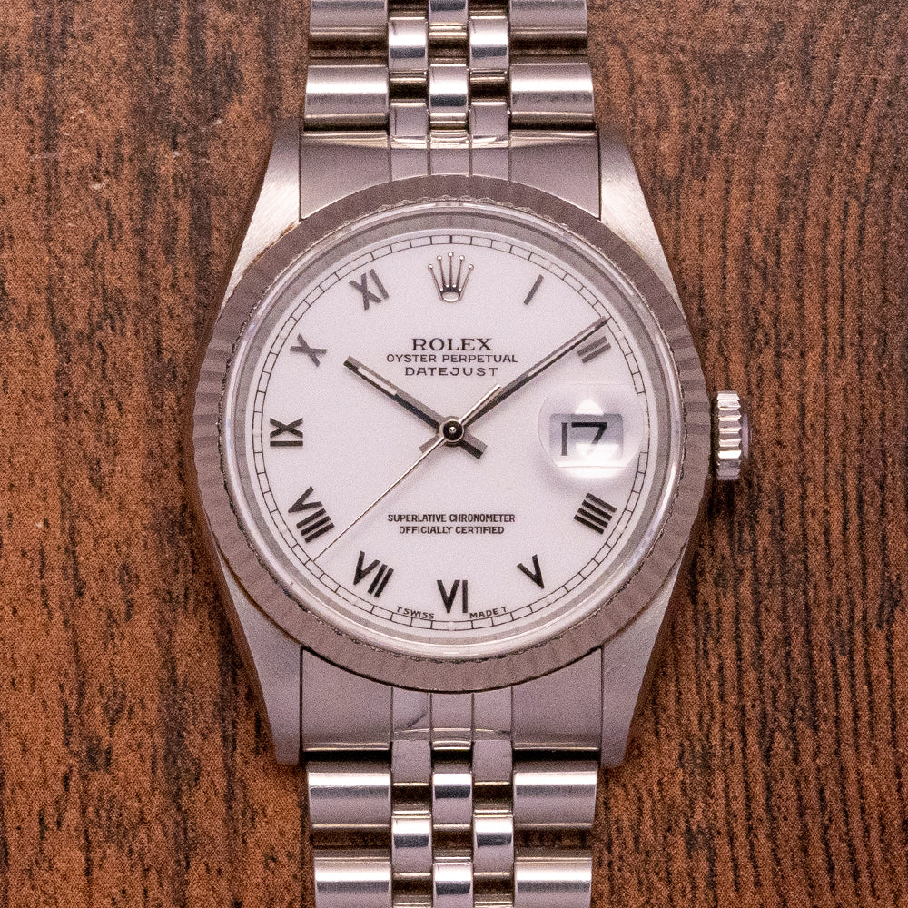 1995 Rolex Datejust 36mm White Roman Dial 16234 KibbleWatches