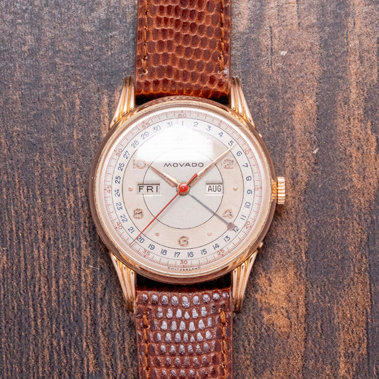 1950s Movado 18ct Pink Gold Triple Calendar Fancy Lugs 34mm