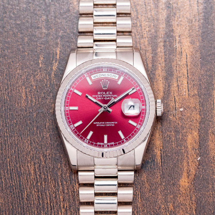2003 Rolex Day-Date 36mm White Gold 118239 Cherry Red Dial