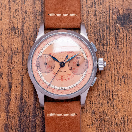 1930s Zodiac Chronograph Landeron 47 Salmon Dial 34mm