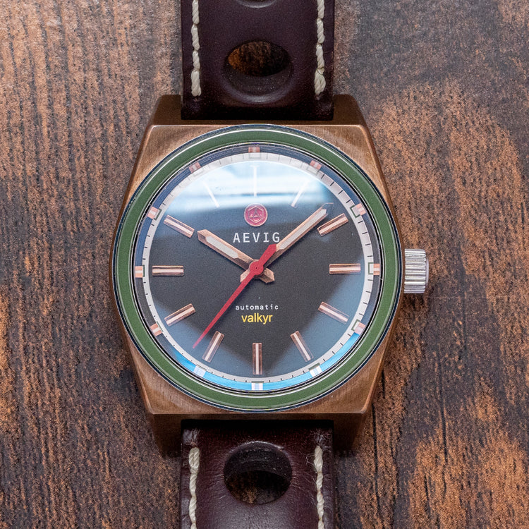 2015 Aevig Valkyr Bronze Case with Black Dial / Green Bezel 39mm