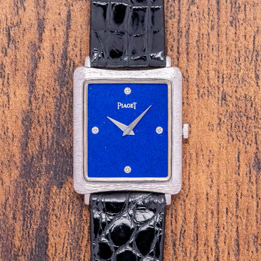 1980s Piaget 18ct White Bark Case Lapis & Diamond Dial