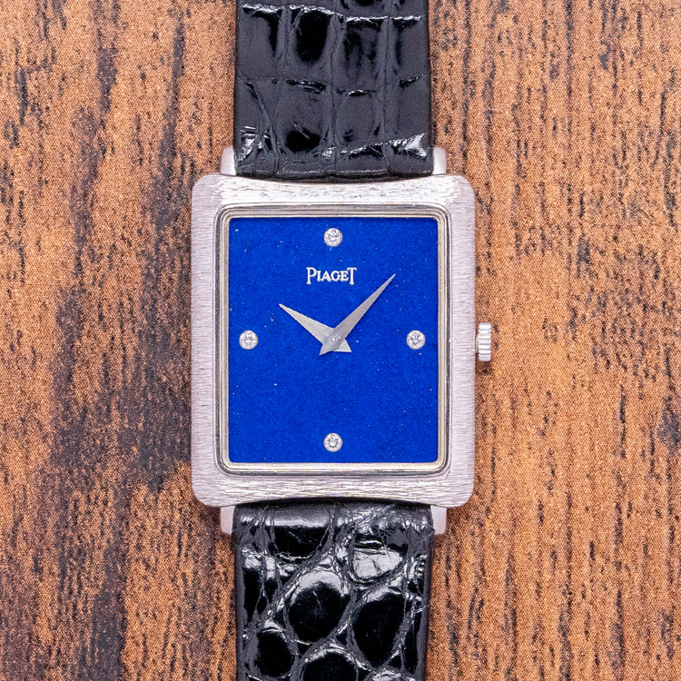 1980s Piaget 18ct White Bark Case Lapis & Diamond Dial