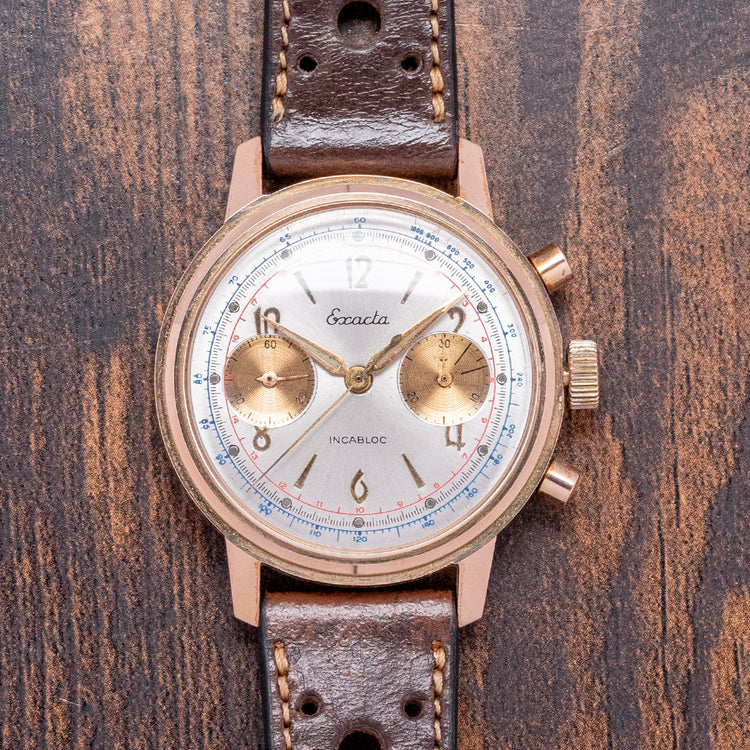 1950s Exacta Chronograph Landeron 51 37mm Gold Plated