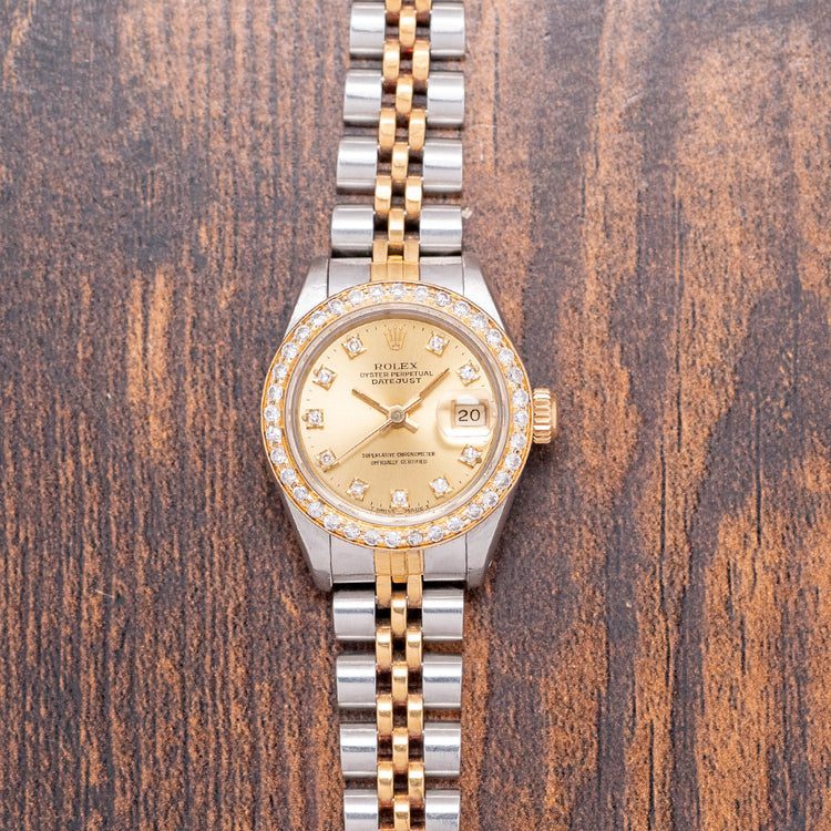 1990 Rolex Lady-Datejust 26mm Steel & Gold Factory Diamonds 69173